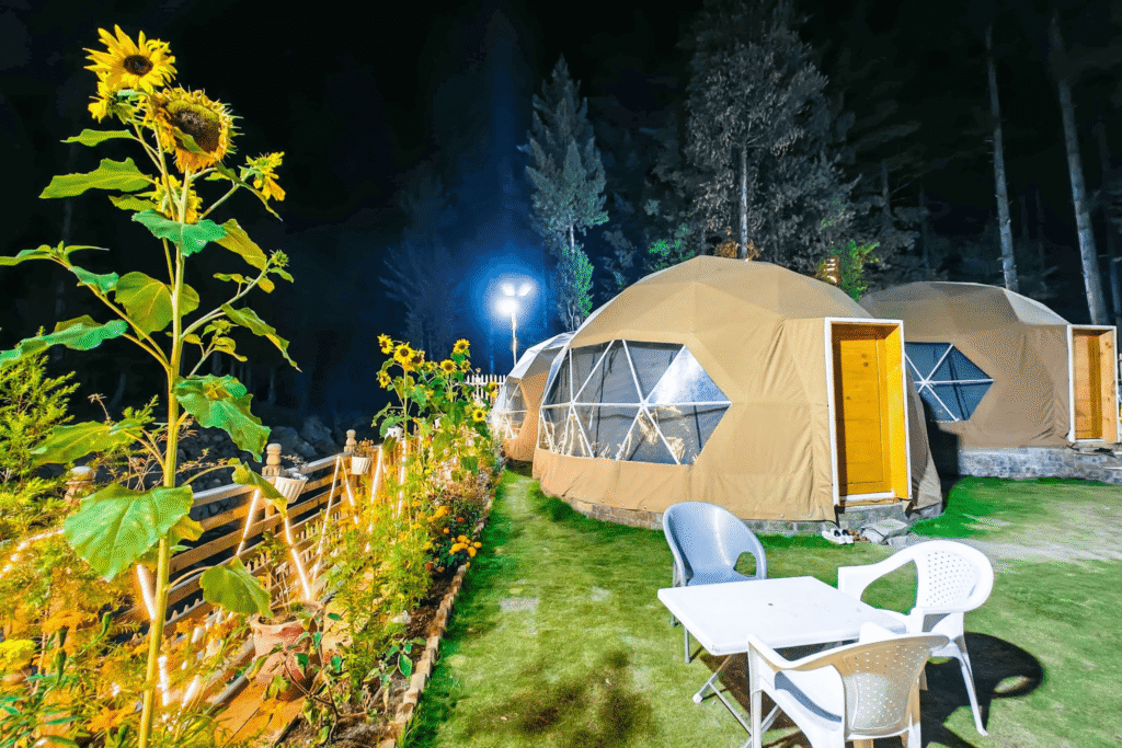Illuminated domes and a sunflower at night in Kumrat Valley.