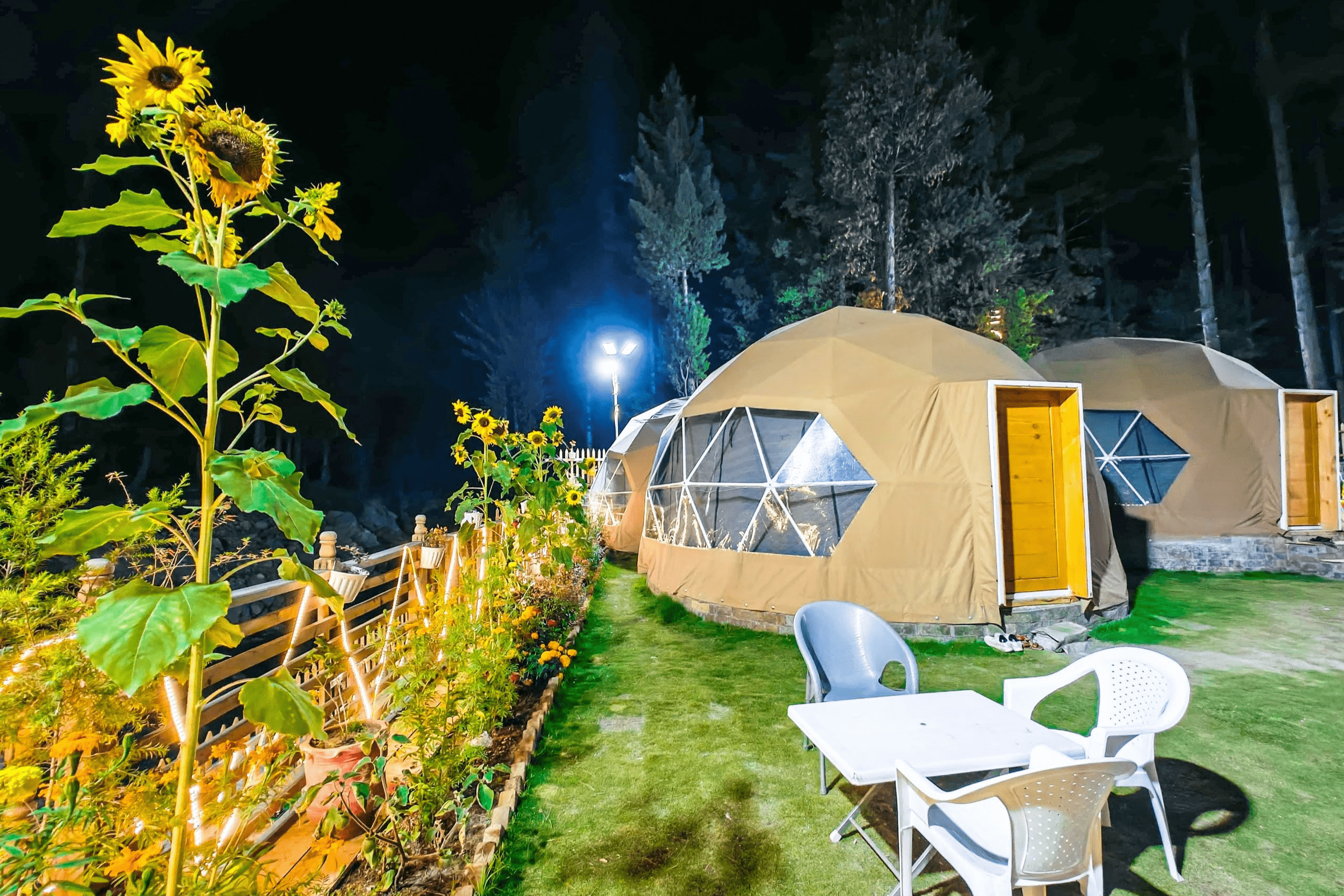 Illuminated domes and a sunflower at night in Kumrat Valley.