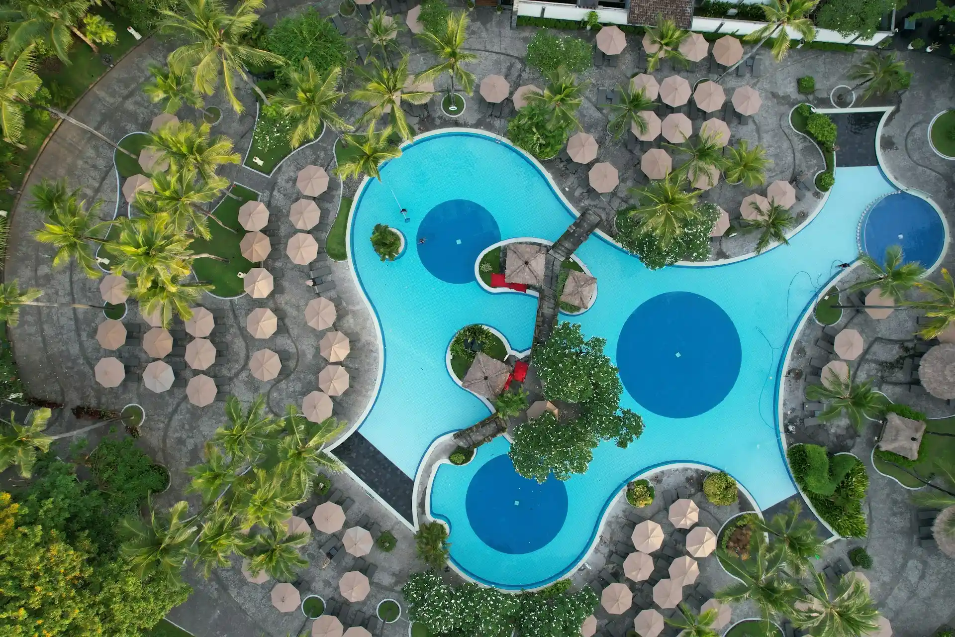 An aerial view of a large, multi-sectioned swimming pool surrounded by numerous lounge chairs and palm trees, clearly illustrating how resorts are different from hotels.